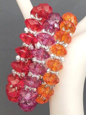 Red, purple & orange w/silver stretch bracelets